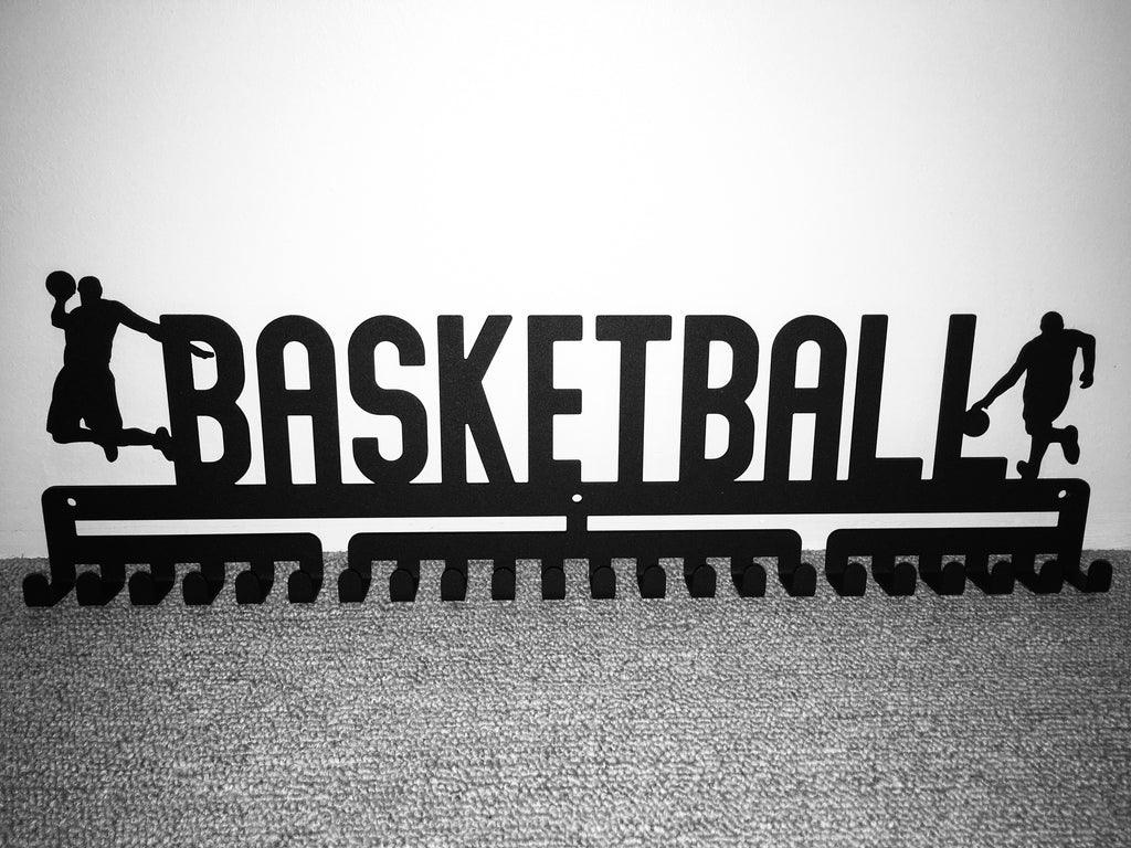 Basketball MedalMount male boys silver brushed chrome stainless steel black matte medal medals wall display hanger holder rack