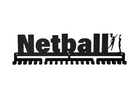 Netball girls female silver brushed chrome stainless steel black matte medal medals wall display hanger holder rack