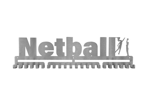 Netball girls female silver brushed chrome stainless steel black matte medal medals wall display hanger holder rack