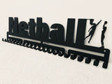 Netball girls female silver brushed chrome stainless steel black matte medal medals wall display hanger holder rack